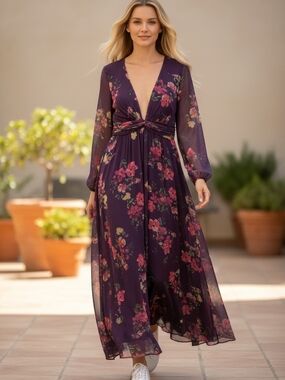 Mac Duggal Plum Floral Twist-Waist Maxi Dress